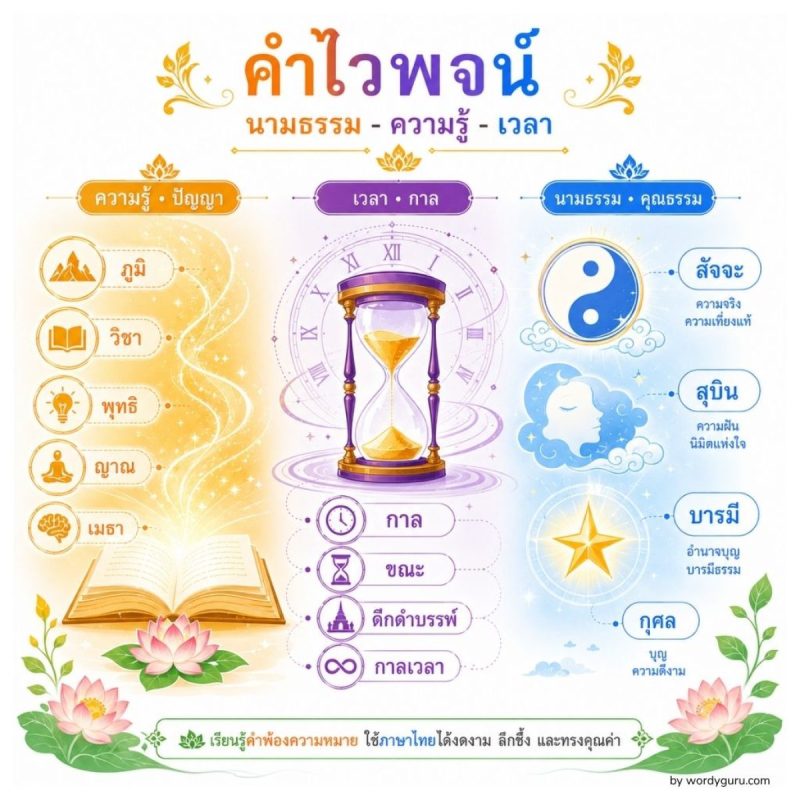 แผนผังคำไวพจน์หมวดนามธรรม ความรู้ และเวลา แสดงคำพ้องของ ความรู้ ปัญญา เวลา ความจริง ความฝัน และบุญ ตามที่มาบาลี-สันสกฤต-พระไตรปิฎก