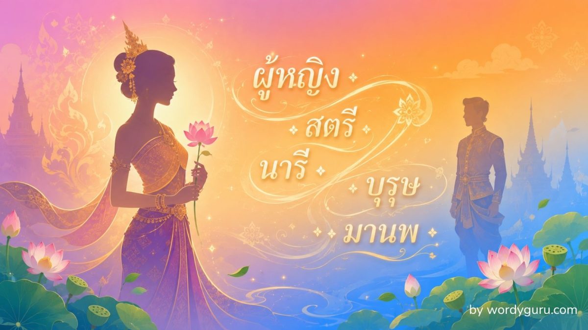 แผนผังคำไวพจน์หมวดผู้หญิง สรรพนาม และเพศ แสดงคำพ้องของ ผู้หญิง หญิงสาว นางฟ้า เทพธิดา ผู้ชาย และชายหนุ่ม แยกตามที่มาภาษาบาลี สันสกฤต และไทย