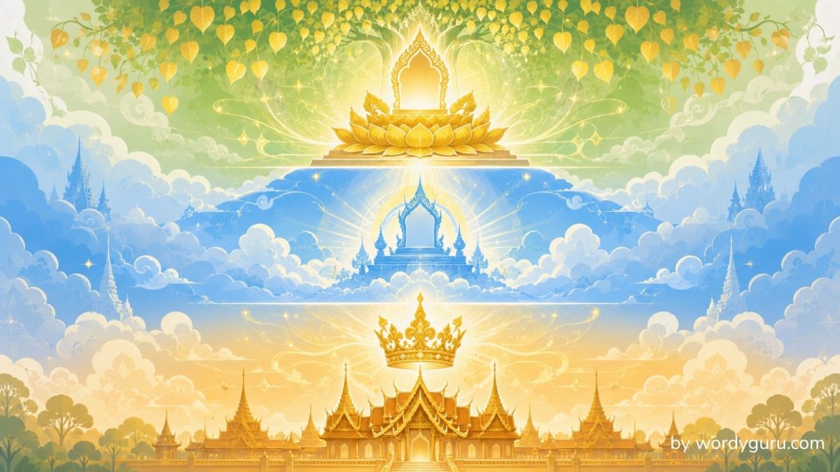 แผนผังคำไวพจน์หมวดพระมหากษัตริย์ เทพ และสิ่งศักดิ์สิทธิ์ แสดงคำพ้องของ พระมหากษัตริย์ พระราชินี เทวดา พระอินทร์ พระพุทธเจ้า และพระสงฆ์ ตามที่มาภาษาบาลี-สันสกฤต
