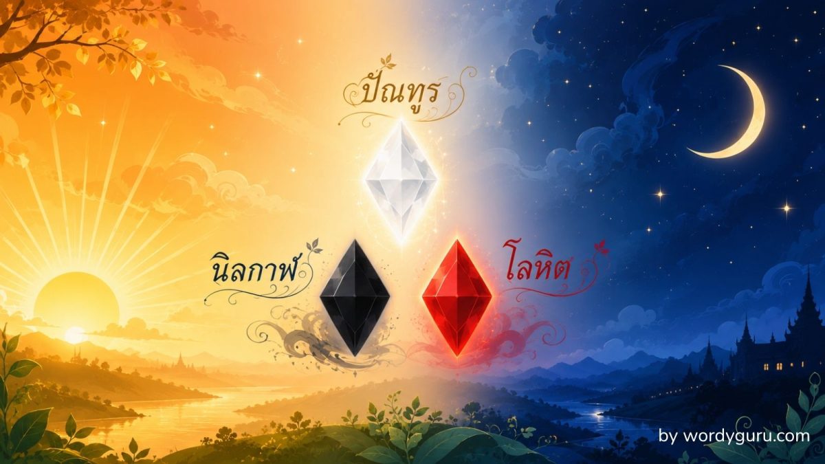 แผนผังคำไวพจน์หมวดสี แสง และมืด แสดงคำพ้องของ สีขาว สีดำ สีแดง แสงสว่าง และความมืด แยกตามที่มาภาษาบาลี-สันสกฤต และคำเฉพาะตนในวรรณคดี