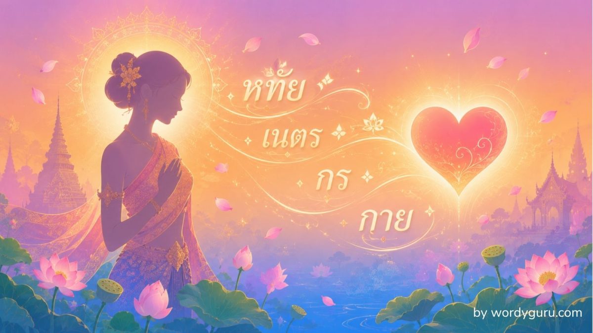 แผนผังคำไวพจน์หมวดหัวใจ ร่างกาย และอวัยวะ แสดงคำพ้องของ หัวใจ อก ใบหน้า ดวงตา มือ และร่างกาย แยกตามที่มาภาษาบาลี-สันสกฤต และคำราชาศัพท์