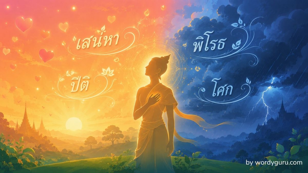 แผนผังคำไวพจน์หมวดอารมณ์และความรู้สึก แสดงคำพ้องของ รัก ดีใจ สุข โกรธ เศร้า และกลัว แยกตามขั้วบวก-ลบ และที่มาภาษาบาลี-สันสกฤต