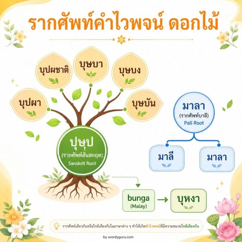 แผนผังต้นไม้รากศัพท์คำไวพจน์ดอกไม้ — รากสันสกฤต ปุษฺป แตกเป็น บุปผา บุษบา · รากบาลี มาลา · มลายู bunga