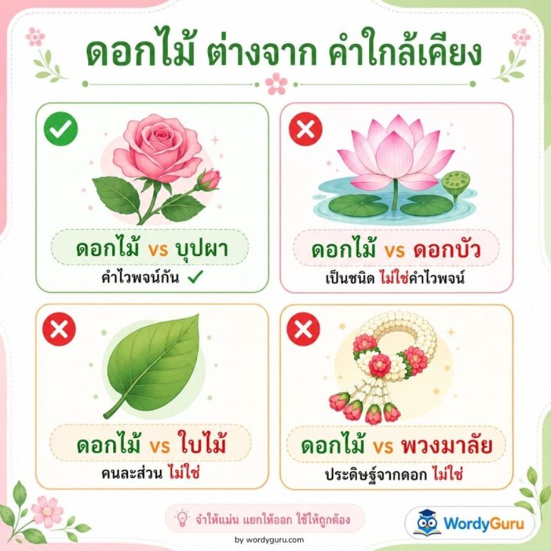 แผนภาพเปรียบเทียบดอกไม้กับคำใกล้เคียง — บุปผาเป็นคำไวพจน์ แต่ดอกบัว ใบไม้ พวงมาลัย ไม่ใช่คำไวพจน์