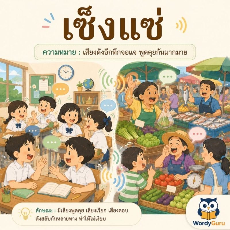 ภาพประกอบคำว่า เซ็งแซ่ บรรยากาศเสียงดังอื้ออึงในห้องเรียนและตลาด สำหรับฝึกแต่งประโยคของน้อง ป.3