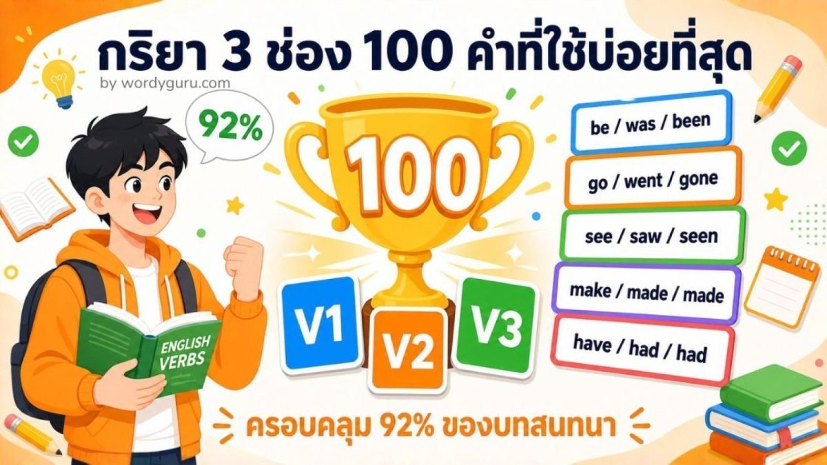 กริยา 3 ช่อง 100 คำที่ใช้บ่อยที่สุดในภาษาอังกฤษ V1 V2 V3 พร้อมความหมายไทย