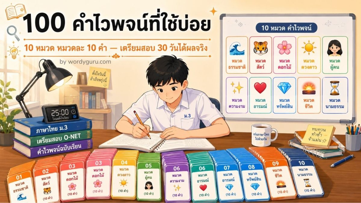 นักเรียน ม.3 กำลังเตรียมสอบคำไวพจน์ 100 คำ จัด 10 หมวดเรียงในการ์ดสีบนโต๊ะเรียน เตรียม O-NET