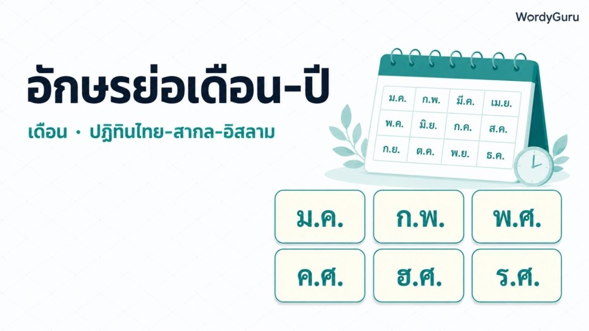 ภาพหัวเรื่องตารางอักษรย่อเดือนและปฏิทินไทย-สากล ตัวอย่าง ม.ค. ก.พ. พ.ศ. ค.ศ. ฮ.ศ. ร.ศ.