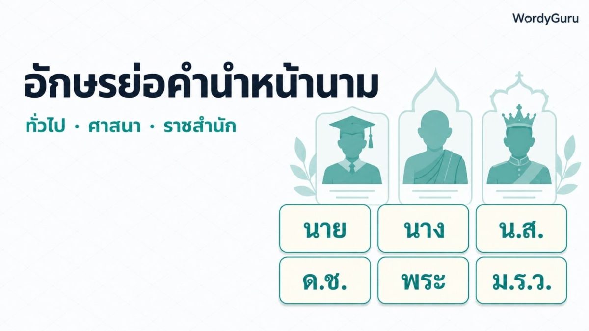 ภาพหัวเรื่องตารางอักษรย่อคำนำหน้านามภาษาไทย คำนำหน้าทั่วไป ศาสนา ราชสำนัก ตัวอย่าง นาย นาง นางสาว เด็กชาย พระ หม่อมราชวงศ์