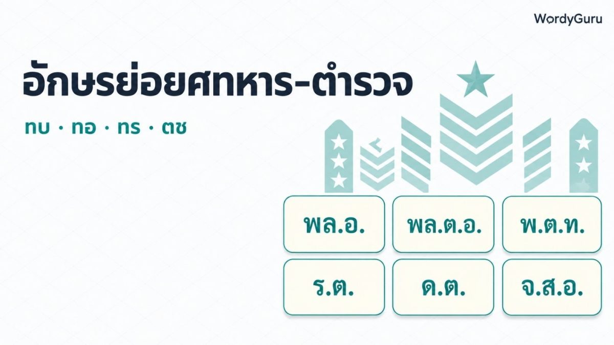 ภาพหัวเรื่องตารางอักษรย่อยศทหารและตำรวจไทย ทบ ทอ ทร ตช ตัวอย่างยศ พลเอก พลตำรวจเอก พันตำรวจโท ร้อยตรี ดาบตำรวจ จ่าสิบเอก