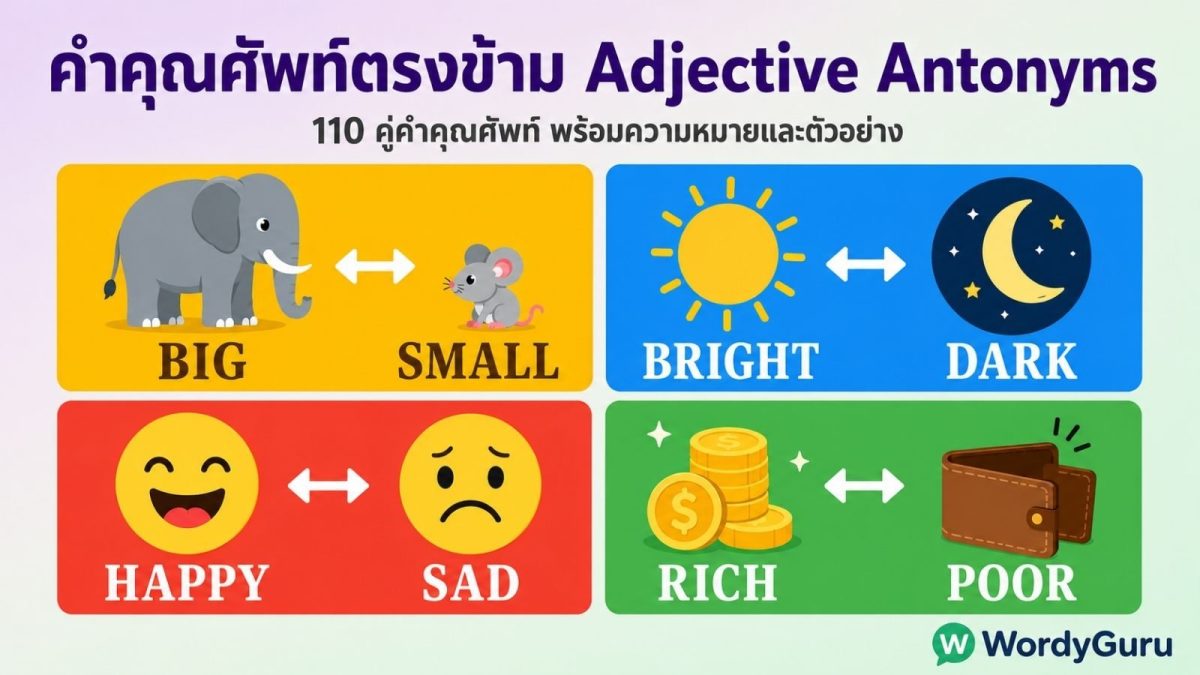 ตารางรวมคำคุณศัพท์ตรงข้ามภาษาอังกฤษ 110 คู่ พร้อมความหมายและตัวอย่างประโยค จัดหมวดขนาด คุณภาพ อารมณ์ ธรรมชาติ คำนำหน้า และสถานะ