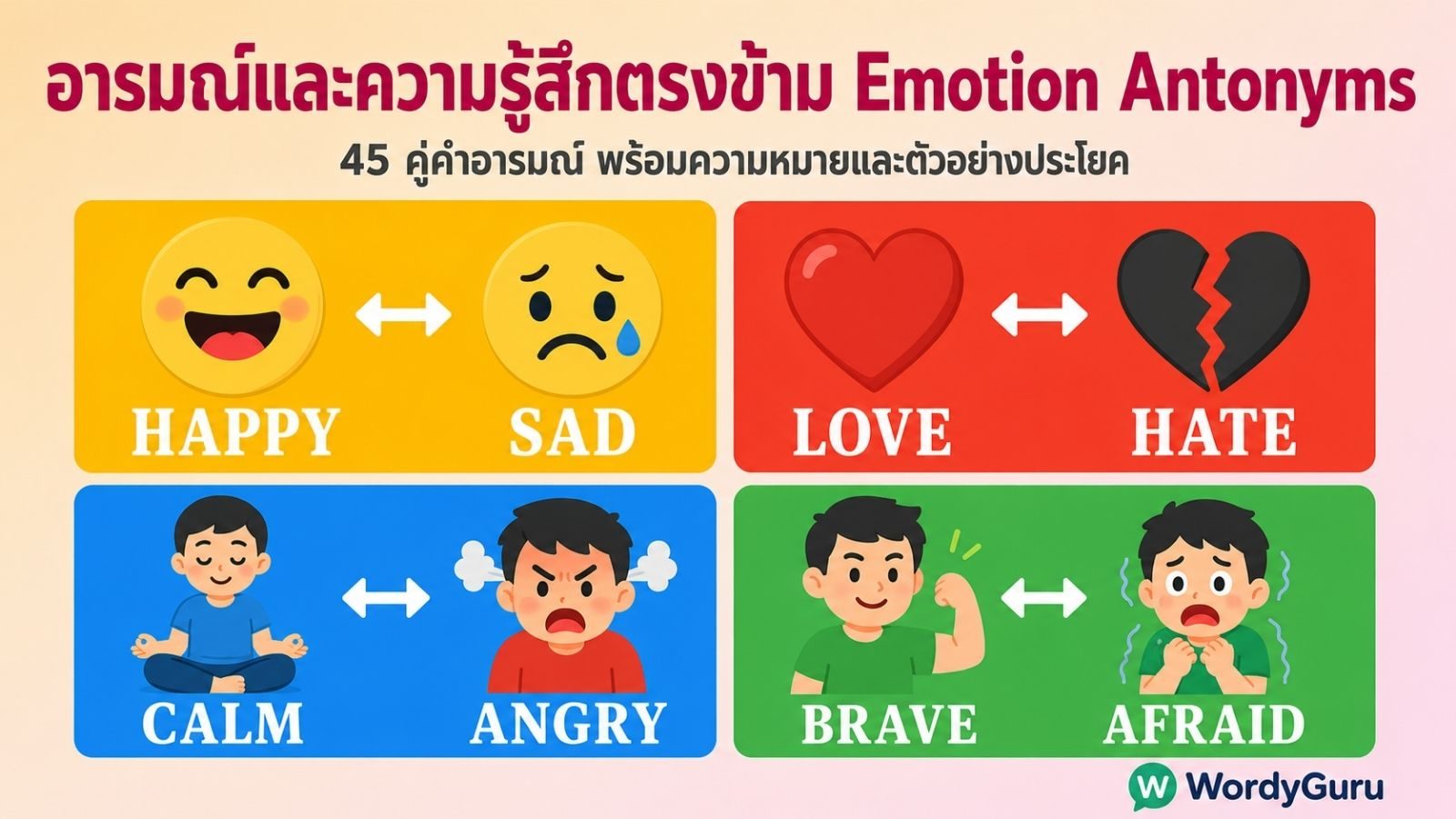 คำอารมณ์ตรงข้ามภาษาอังกฤษ Emotion Antonyms 45 คู่ พร้อมตัวอย่าง