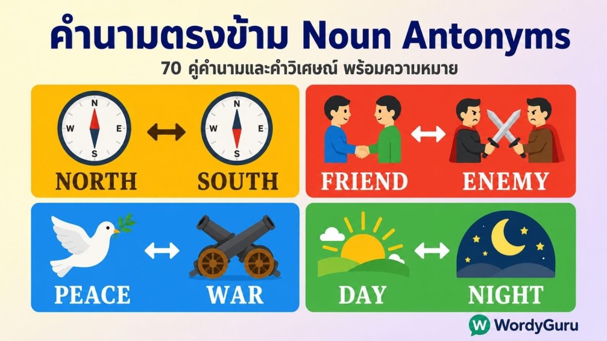 ตารางรวมคำนามและคำวิเศษณ์ตรงข้ามภาษาอังกฤษ 70 คู่ พร้อมความหมาย จัดหมวดทิศทาง บุคคล สังคม ชีวิต และสรรพนามปริมาณ
