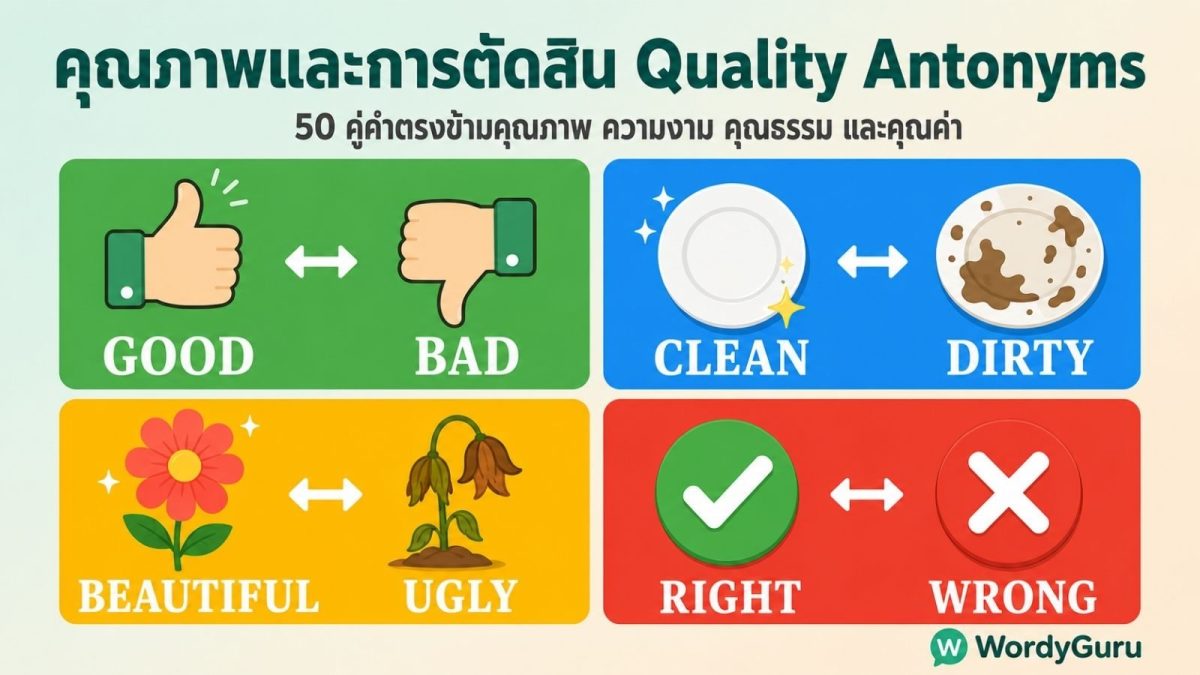 ตารางรวมคำตรงข้ามภาษาอังกฤษหมวดคุณภาพและการตัดสิน 50 คู่ พร้อมความหมายไทย จัดหมวดดีเลว ความสวยงาม ความฉลาด คุณสมบัติทางกาย และคุณค่า
