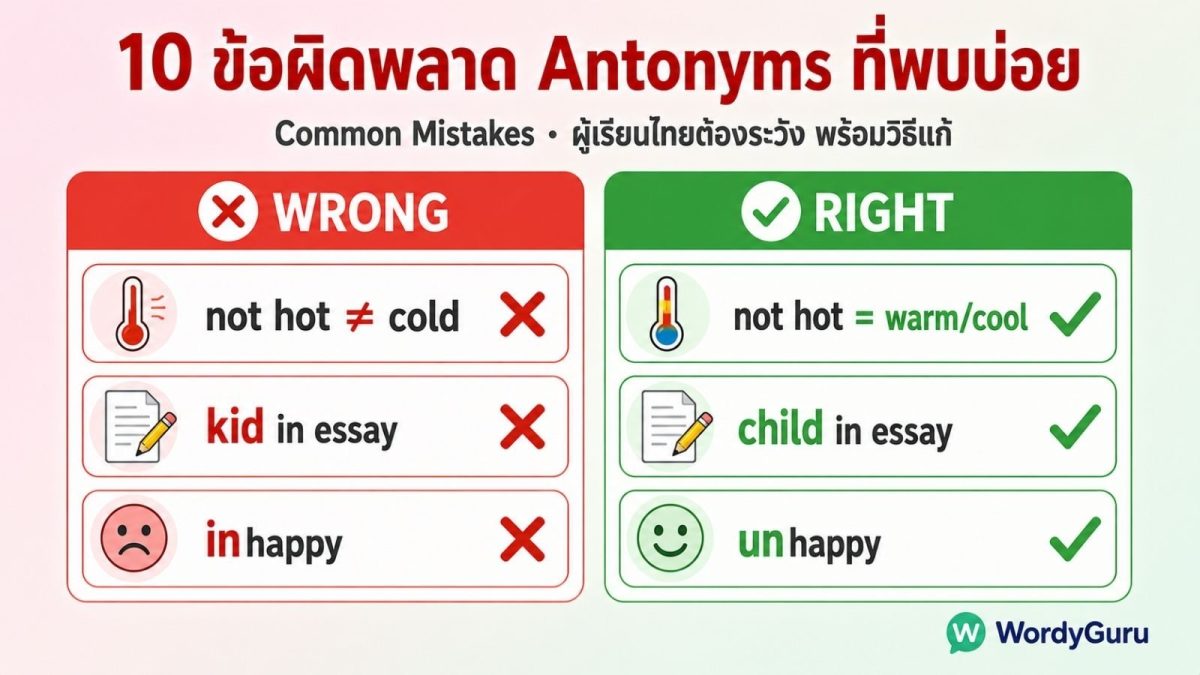 ภาพรวม 10 ข้อผิดพลาด Antonyms ที่ผู้เรียนภาษาอังกฤษมักทำ ตัวอย่างถูก-ผิด พร้อมวิธีแก้ไข ครอบคลุม Prefix Gradable Context Register