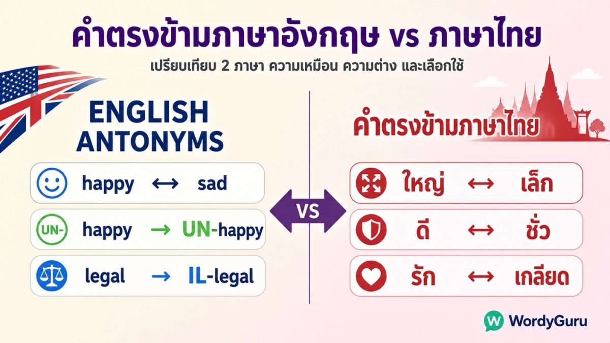 ภาพรวมเปรียบเทียบคำตรงข้ามภาษาอังกฤษ Antonyms กับคำตรงข้ามภาษาไทย ความเหมือน ความแตกต่าง 5 ประการ และคำแนะนำในการเลือกใช้