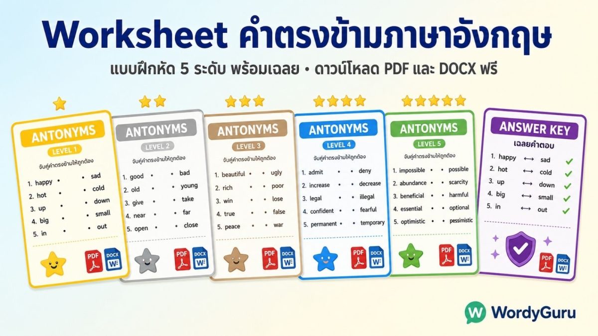 แบบฝึกหัดคำตรงข้ามภาษาอังกฤษ 5 ระดับพร้อมเฉลย ดาวน์โหลด PDF และ DOCX ฟรี รวม 200 ข้อ เหมาะสำหรับนักเรียนทุกระดับและผู้เตรียมสอบ TOEFL IELTS