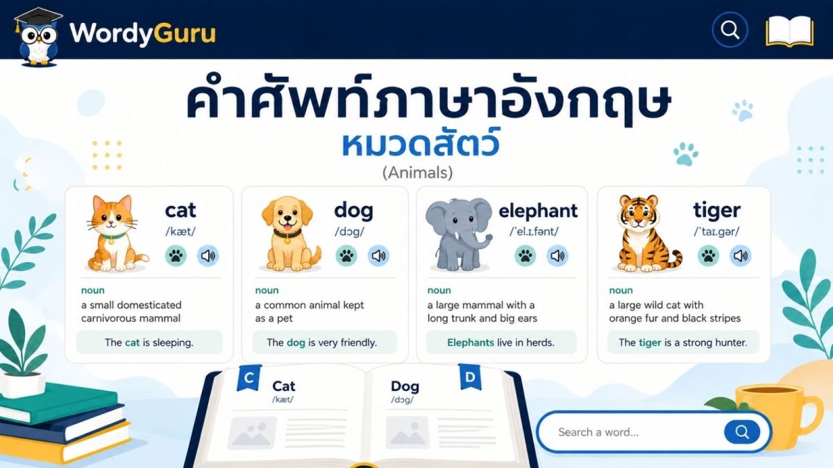 ภาพปกคำศัพท์ภาษาอังกฤษหมวดสัตว์ พร้อมคำอ่านและคำแปลไทย สไตล์ดิกชันนารี สไตล์ WordyGuru