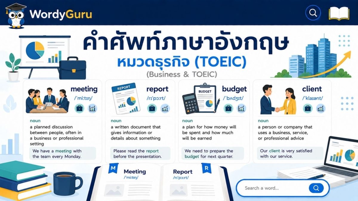 ภาพปกคำศัพท์ภาษาอังกฤษหมวดธุรกิจและสำนักงานสำหรับ TOEIC พร้อมคำอ่านและคำแปลไทย สไตล์ดิกชันนารี สไตล์ WordyGuru