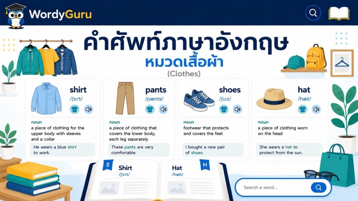 ภาพปกคำศัพท์ภาษาอังกฤษหมวดเสื้อผ้าและเครื่องแต่งกาย พร้อมคำอ่านและคำแปลไทย สไตล์ดิกชันนารี สไตล์ WordyGuru