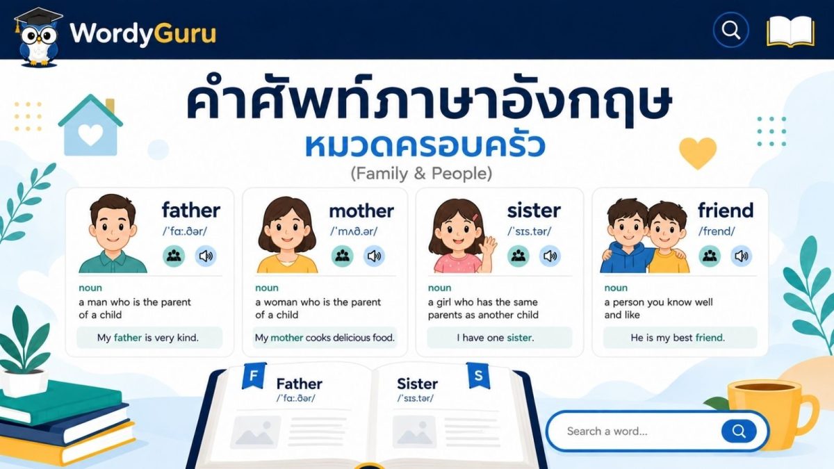 ภาพปกคำศัพท์ภาษาอังกฤษหมวดครอบครัวและคน พร้อมคำอ่านและคำแปลไทย สไตล์ดิกชันนารี สไตล์ WordyGuru