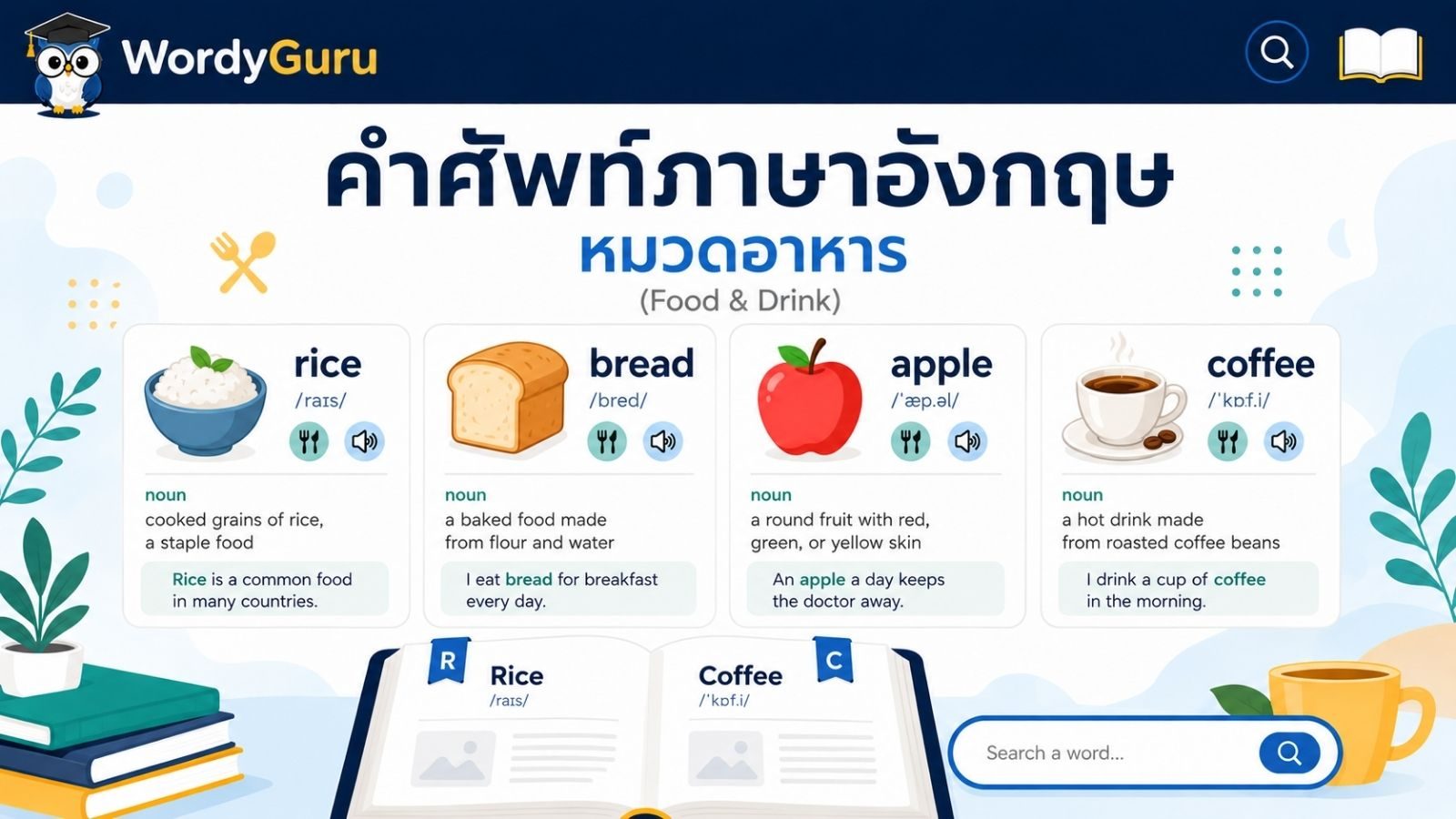 คำศัพท์ภาษาอังกฤษ หมวดอาหารและเครื่องดื่ม พร้อมคำอ่านและคำแปลไทย