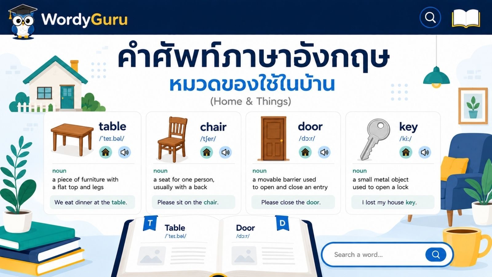 คำศัพท์ภาษาอังกฤษ หมวดของใช้ในบ้าน พร้อมคำอ่านและคำแปลไทย