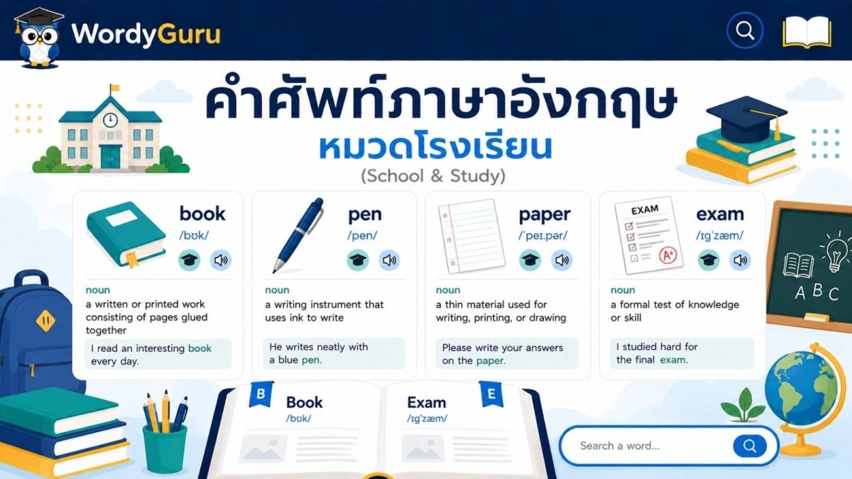 ภาพปกคำศัพท์ภาษาอังกฤษหมวดโรงเรียนและการเรียน พร้อมคำอ่านและคำแปลไทย สไตล์ดิกชันนารี สไตล์ WordyGuru