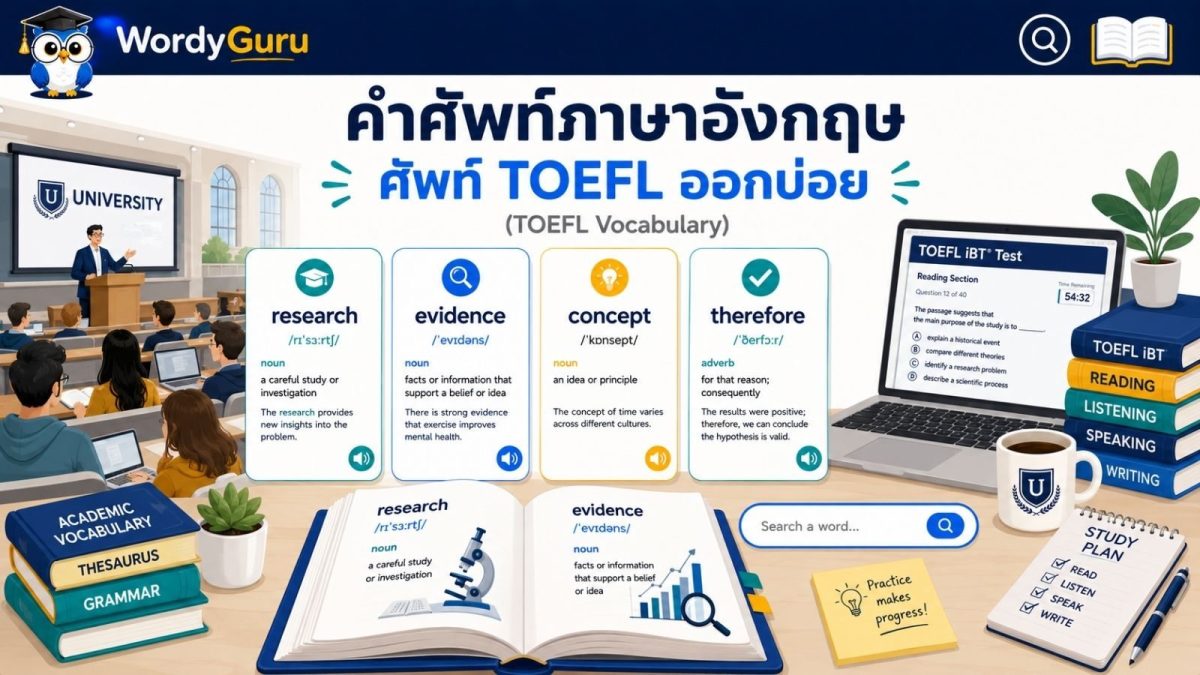 ภาพปกคำศัพท์ TOEFL ที่ออกบ่อย พร้อมคำอ่านและคำแปลไทย สไตล์ดิกชันนารี สไตล์ WordyGuru