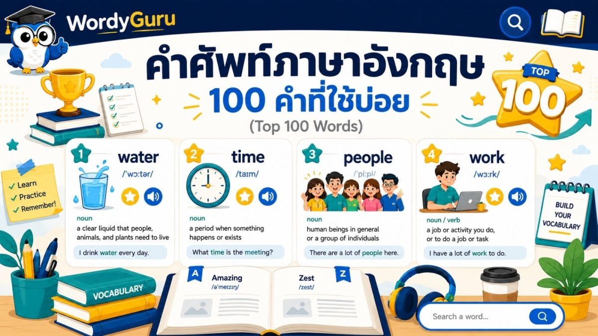ภาพปก 100 คำศัพท์ภาษาอังกฤษที่ใช้บ่อย พร้อมคำอ่านและคำแปลไทย สไตล์ดิกชันนารี สไตล์ WordyGuru