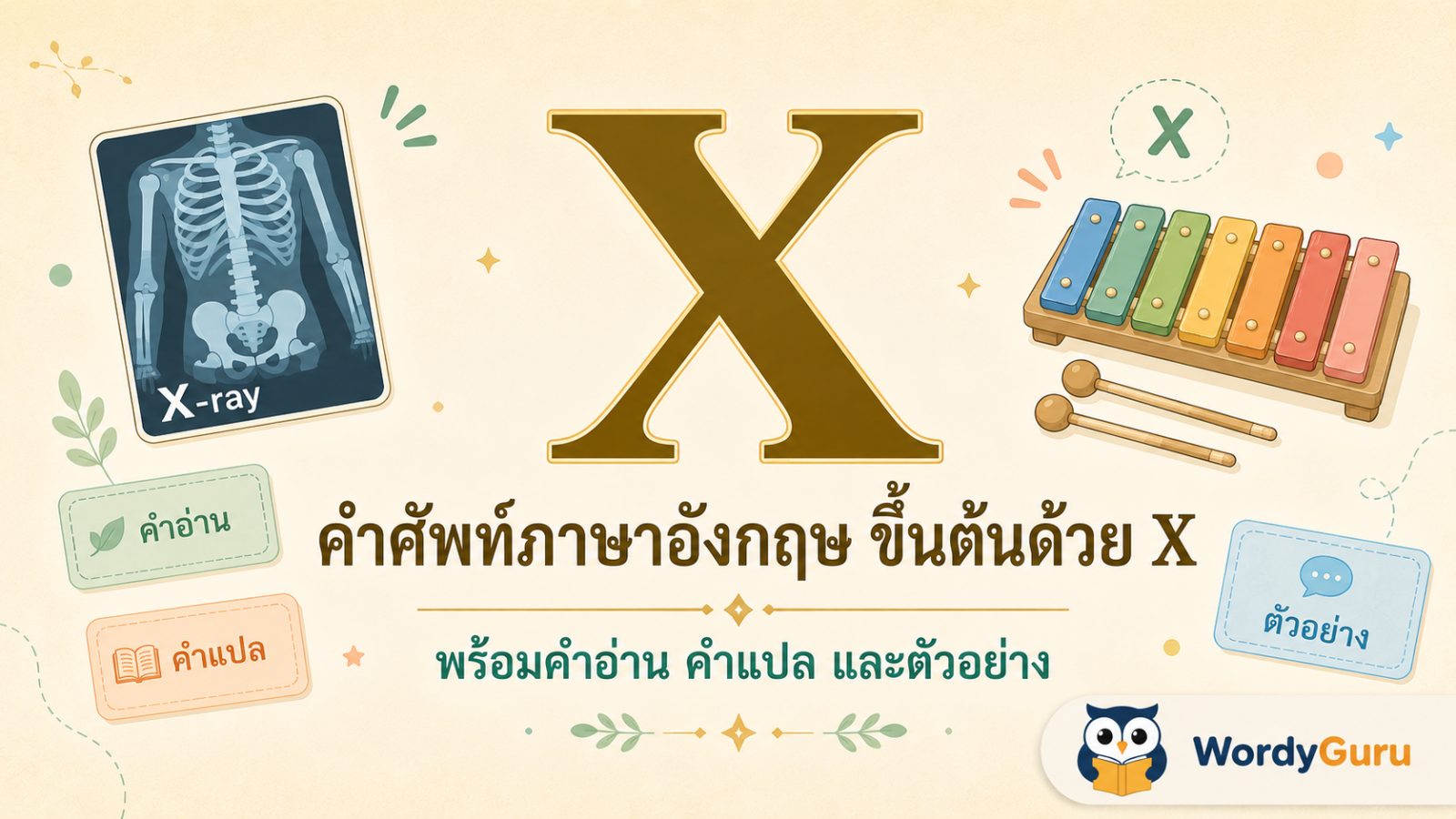 คำศัพท์ภาษาอังกฤษที่ขึ้นต้นด้วยตัว X พร้อมคำอ่าน คำแปล และตัวอย่างประโยค