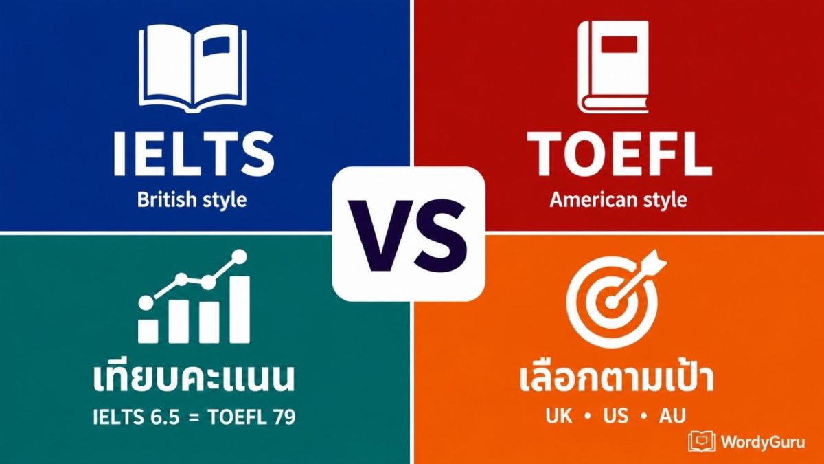 ภาพปกเปรียบเทียบ IELTS กับ TOEFL การสอบภาษาอังกฤษ 2 มาตรฐานสากล ครอบคลุมรูปแบบข้อสอบ สำเนียง การเทียบคะแนน และการเลือกตามเป้าหมายปลายทาง