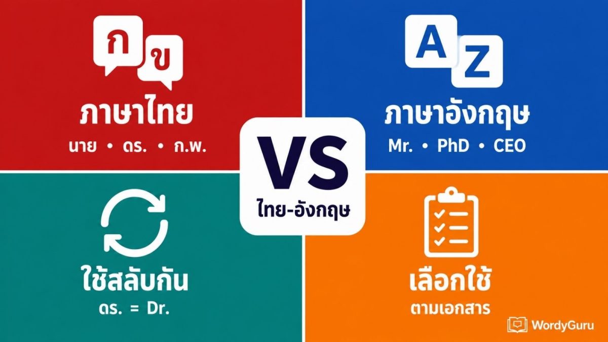 ภาพปกเปรียบเทียบอักษรย่อภาษาอังกฤษกับอักษรย่อภาษาไทย แบ่งเป็น 4 ด้าน ภาษาไทย ภาษาอังกฤษ การใช้สลับกัน และแนวทางเลือกใช้ พร้อมตัวอย่างคู่เทียบ