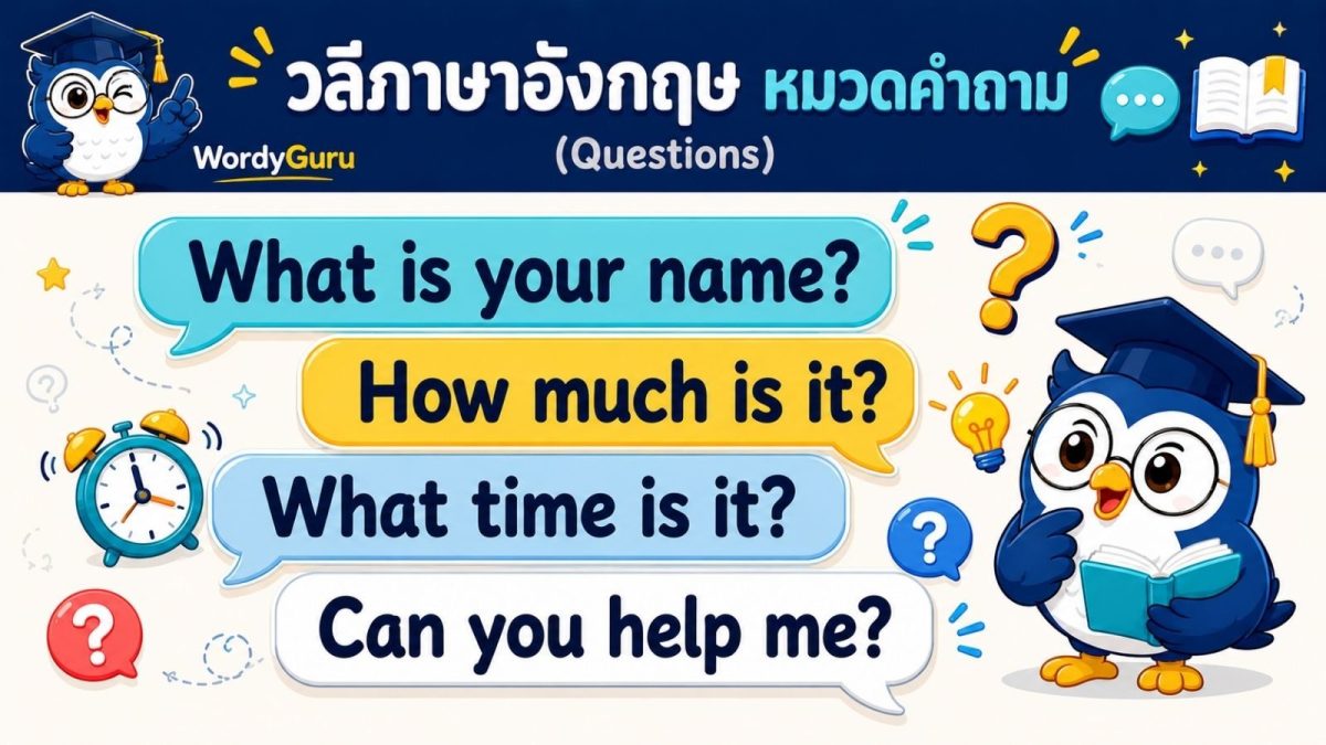 ภาพปกวลีคำถามภาษาอังกฤษ questions พร้อมคำแปลไทย สไตล์สปีชบับเบิล สไตล์ WordyGuru