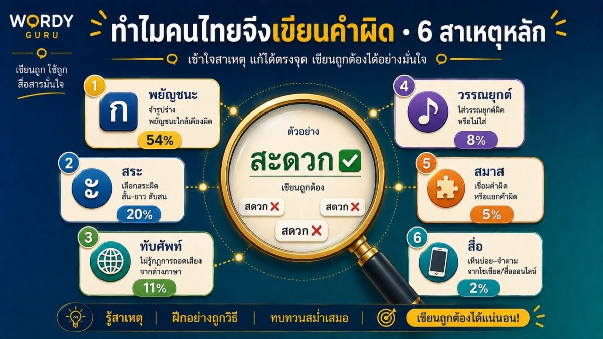 ภาพปกสาเหตุที่คนไทยมักเขียนคำผิด 6 ปัจจัยหลัก พยัญชนะใกล้เคียง สระ วรรณยุกต์ ทับศัพท์ สมาส-สนธิ อิทธิพลโซเชียล อ้างอิงราชบัณฑิตยสภา