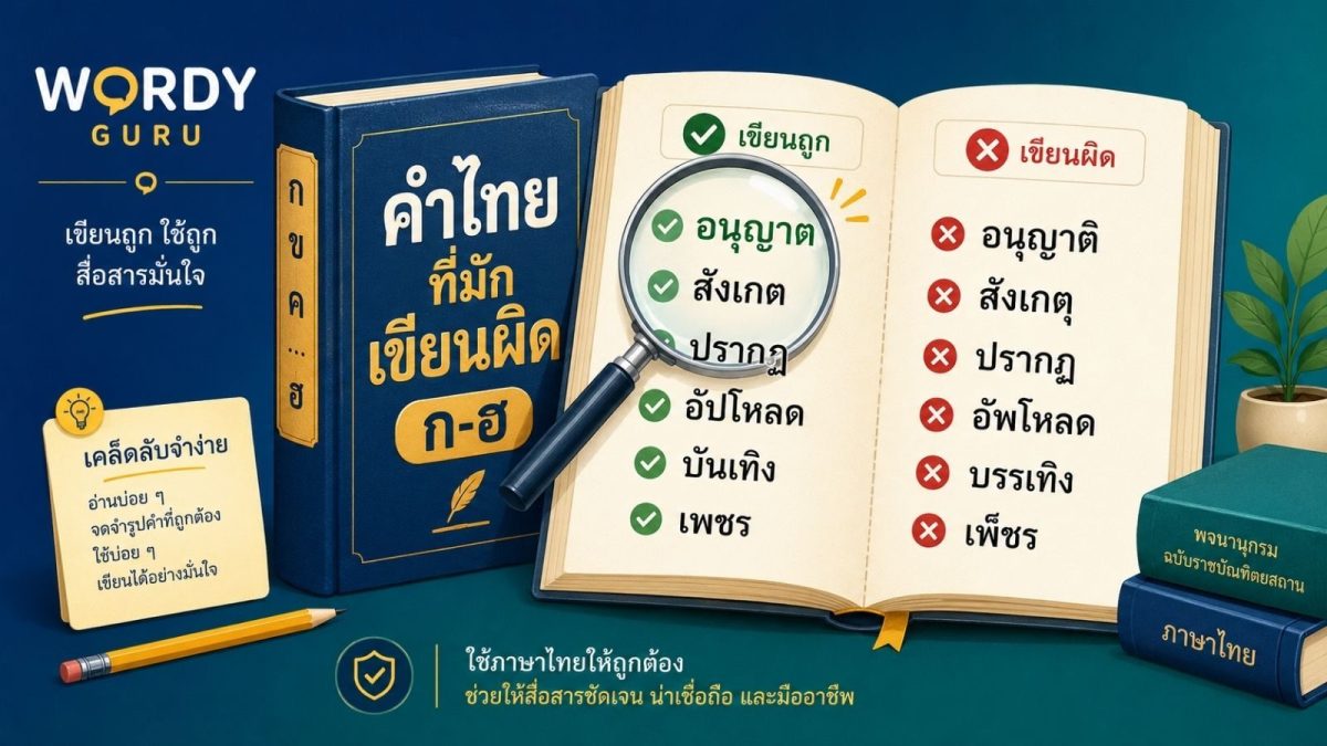 ภาพปกรวมคำไทยที่มักเขียนผิดเรียงตามอักษร ก ถึง ฮ พร้อมเทียบคำสะกดถูกผิด อนุญาต สังเกต ปรากฏ ตามมาตรฐานราชบัณฑิตยสภา