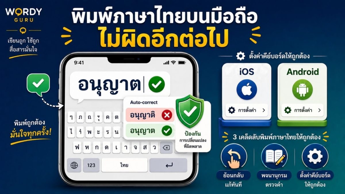 ภาพปกเคล็ดลับพิมพ์ภาษาไทยบนมือถือ Auto-correct iPhone Android Gboard การตั้งค่าแป้นพิมพ์ ป้องกันคำที่มักเขียนผิดตามราชบัณฑิตยสภา