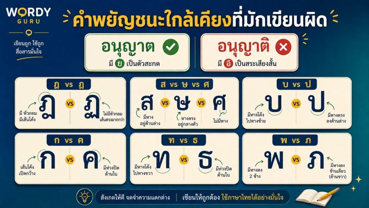 ภาพปกคำที่ใช้พยัญชนะใกล้เคียงผิด อนุญาต สังเกต ปรากฏ พร้อมการเปรียบเทียบกลุ่มพยัญชนะ ฎ-ฏ ส-ษ-ศ บ-ป ตามราชบัณฑิตยสภา