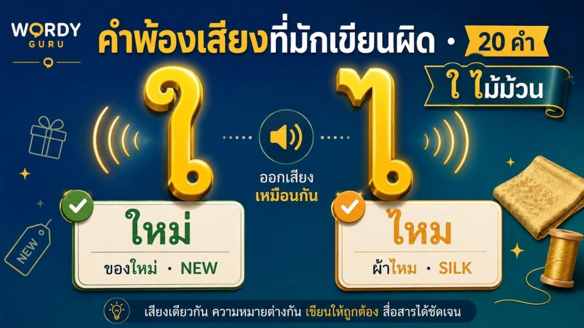 ภาพปกคำพ้องเสียงไทยที่มักเขียนผิด ใหม่ ไหม ใต้ ไต้ พร้อมการแยกเสียงสระไม้ม้วน ใ และไม้มลาย ไ ตามมาตรฐานราชบัณฑิตยสภา