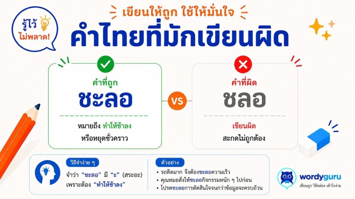 การ์ดเทียบคำเขียนถูก ชะลอ กับคำที่มักเขียนผิด ชลอ พร้อมเครื่องหมายถูกผิดและไอคอนนาฬิกาทรายชะลอความเร็ว สไตล์ WordyGuru