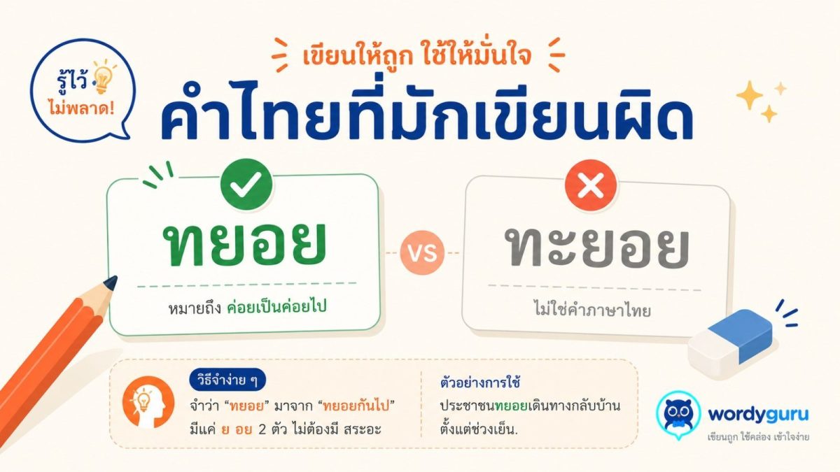 การ์ดเทียบคำเขียนถูก ทยอย กับคำที่มักเขียนผิด ทะยอย พร้อมเครื่องหมายถูกสีเขียวและผิดสีแดง