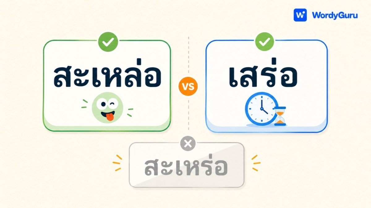 การ์ดเปรียบเทียบคำว่า สะเหล่อ กับ เสร่อ ภาพแนวแบนโทนอุ่น สองการ์ดคำพร้อมเครื่องหมายถูก และคำเขียนผิด สะเหร่อ พร้อม wordmark Wordy Guru