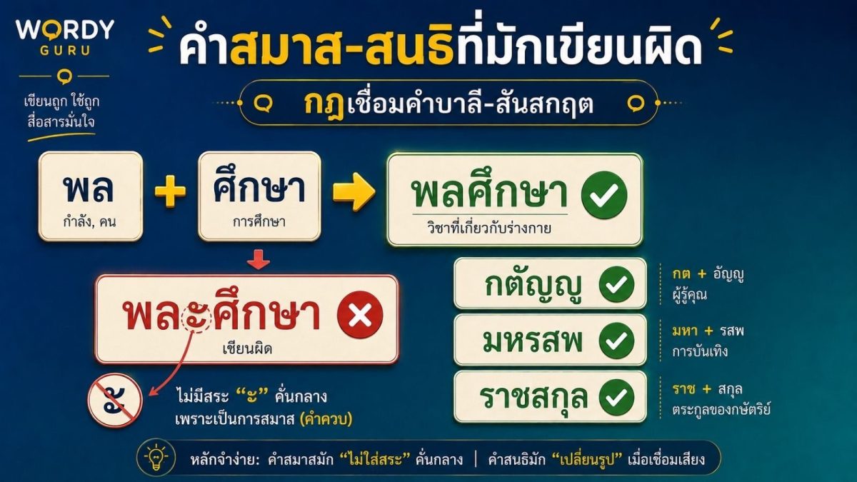 ภาพปกคำสมาส-สนธิในภาษาไทยที่มักเขียนผิด พลศึกษา กตัญญู มหรสพ ปทานุกรม พร้อมหลักการเชื่อมคำตามไวยากรณ์บาลี-สันสกฤตราชบัณฑิตยสภา