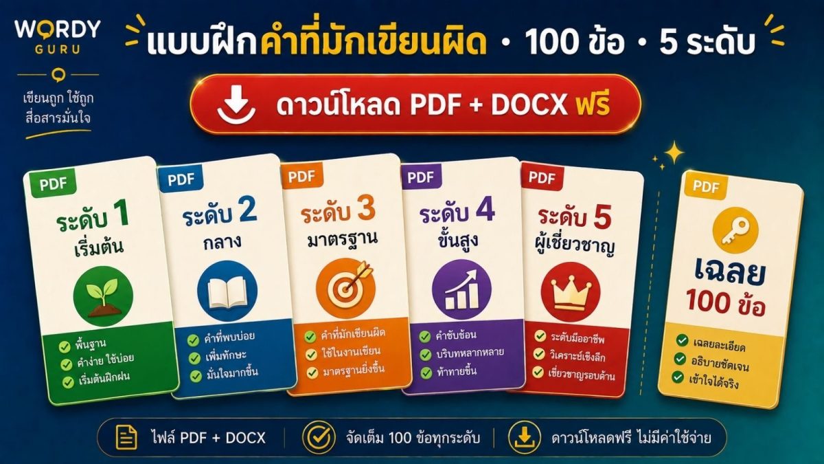 ภาพปกแบบฝึกหัดคำไทยที่มักเขียนผิด ดาวน์โหลด PDF 5 ระดับ 100 ข้อ ป.4 ถึง ม.6 พร้อมเฉลย ตามมาตรฐานราชบัณฑิตยสภา