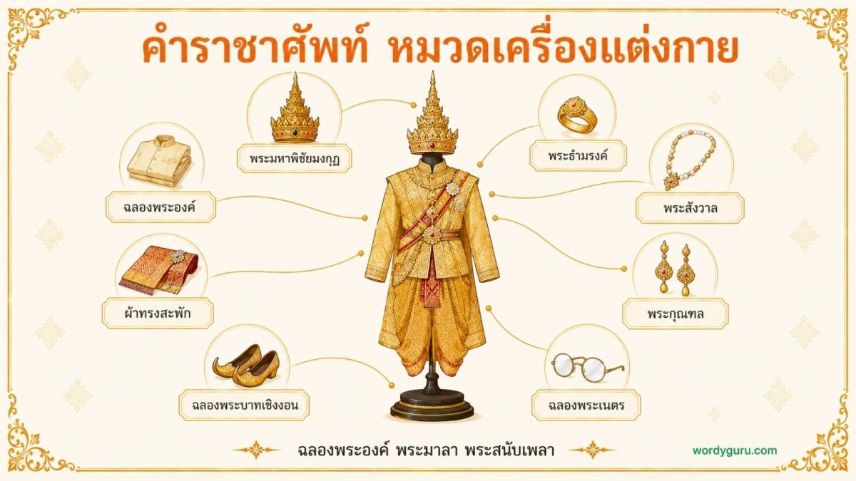 แผนภาพคำราชาศัพท์หมวดเครื่องแต่งกาย แสดงพระมหาพิชัยมงกุฎ ฉลองพระองค์ ผ้าทรงสะพัก ฉลองพระบาทเชิงงอน พระธำมรงค์ พระสังวาล พระกุณฑล ฉลองพระเนตร