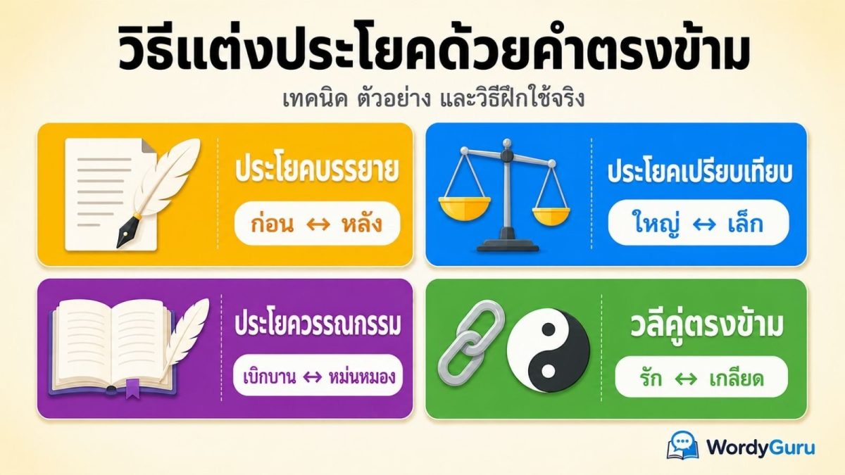 วิธีแต่งประโยคด้วยคำตรงข้ามภาษาไทย · สรุปประโยคบรรยาย เปรียบเทียบ วรรณกรรม และวลีคู่