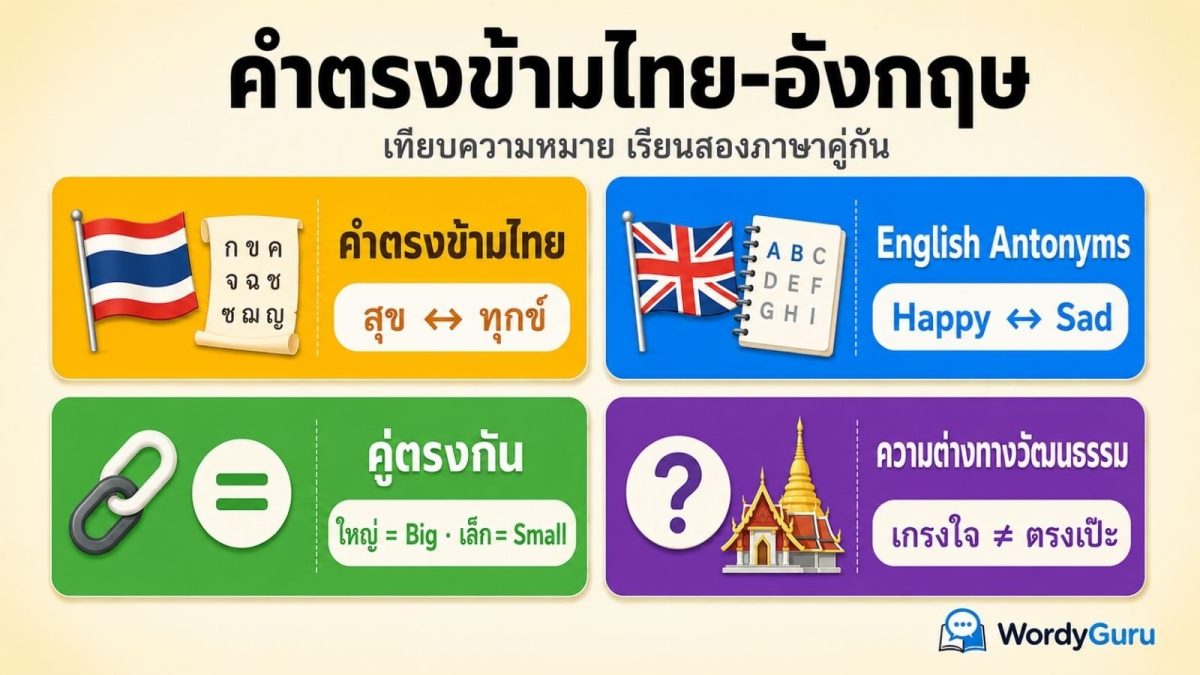 คำตรงข้ามไทย-อังกฤษ · คู่มือเทียบความหมายและวิธีเรียนสองภาษาคู่กัน
