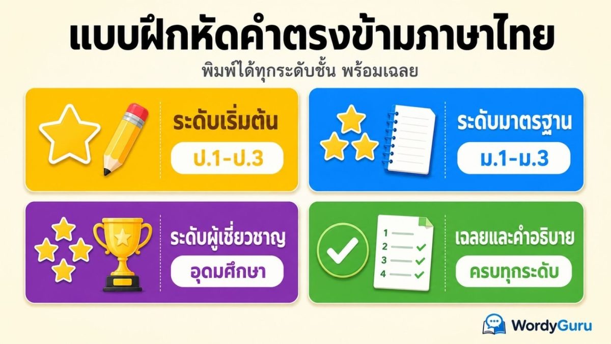 แบบฝึกหัดคำตรงข้ามภาษาไทย · พิมพ์ได้ทุกระดับชั้น เริ่มต้นถึงผู้เชี่ยวชาญ พร้อมเฉลย