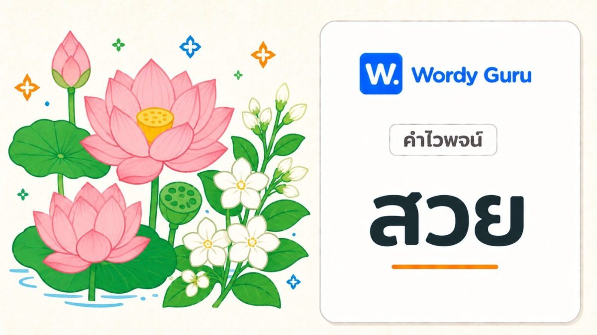 การ์ดคำไวพจน์สวย ภาพดอกไม้แนวแบนสื่อความงาม พร้อม wordmark Wordy Guru และคำว่า สวย ในกรอบการ์ดโทนอ่อน