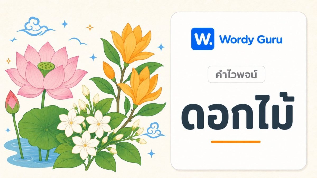 การ์ดคำไวพจน์ดอกไม้ ภาพแนวแบนโทนอุ่น พร้อม wordmark Wordy Guru และคำว่า ดอกไม้ ในกรอบการ์ดโทนอ่อน